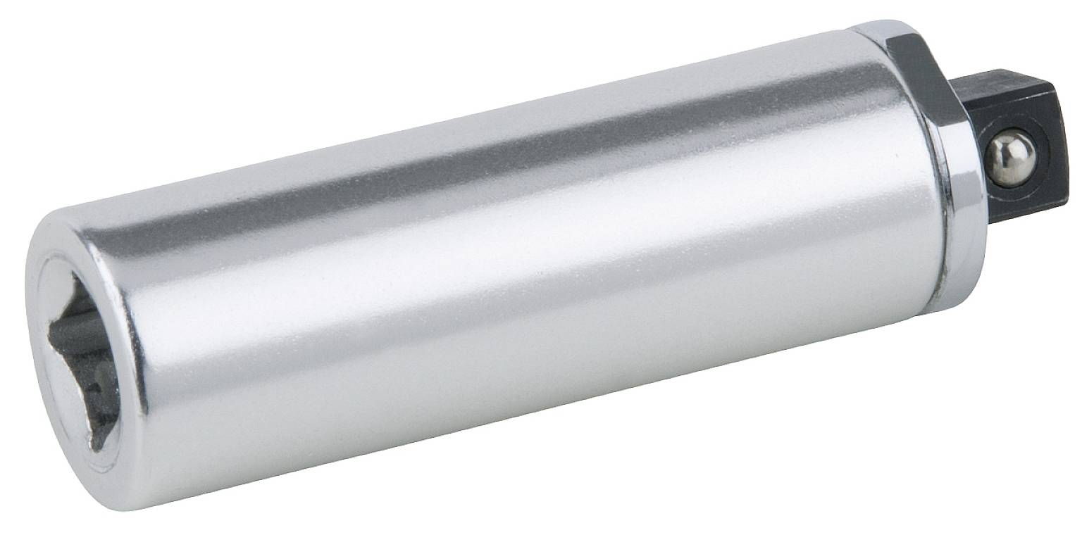 Een zilveren, cilindrische steeksleuteladapter met een vierkante aansluiting aan één uiteinde, gebruikt in de mechanica.
