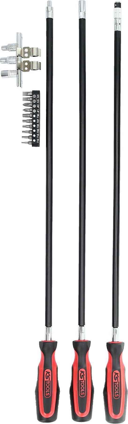 Drie lange schroevendraaiers met zwart-rode handgrepen en een accessoireset met aansluitingen en metalen klemmen voor elektronische werkzaamheden.