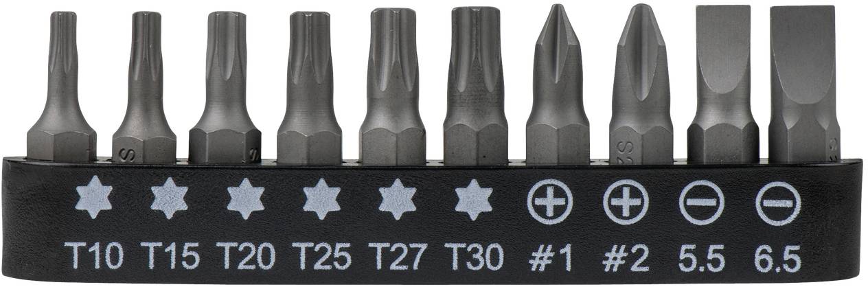 Metalen bitset met 10 bits in verschillende vormen en afmetingen, geplaatst in een zwarte kunststof houder.