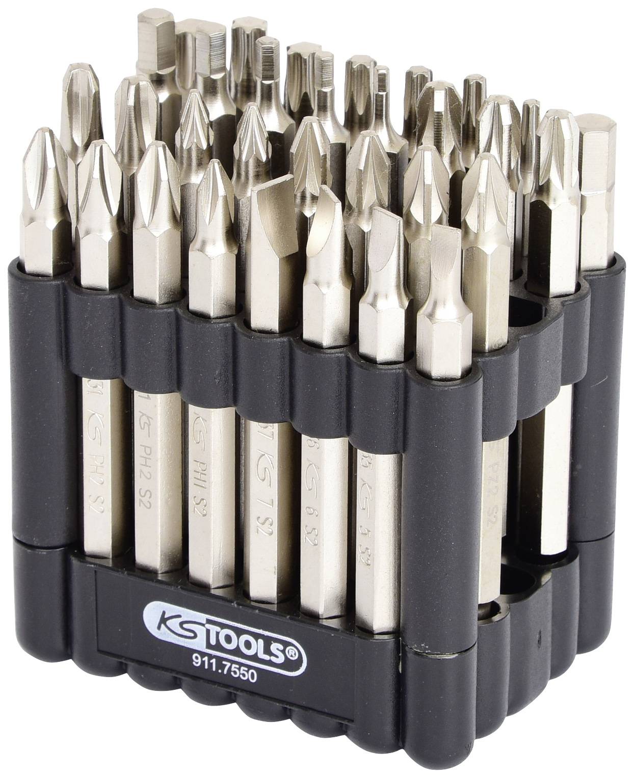 Een bitset met verschillende schroevendraaier-bits in een zwart-zilveren houder van 'KS TOOLS', modelnummer 911.7550.