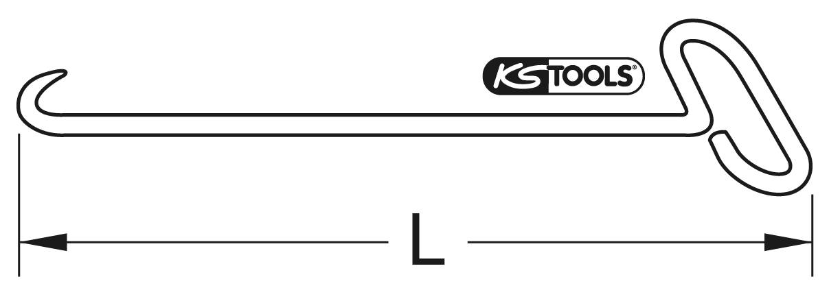 Illustratie van een haaksleutel van KS Tools met een steel en een haak aan het uiteinde, lengte 'L' wordt aangegeven.