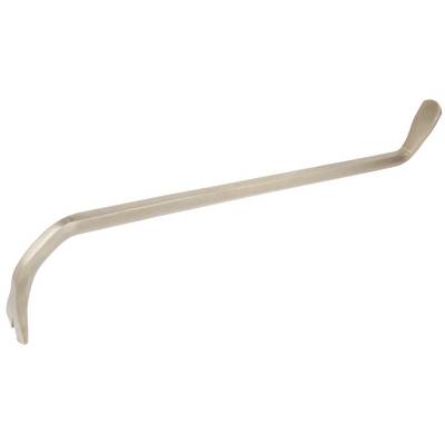 Een metalen koevoet, licht gekromd aan beide uiteinden, wordt typisch gebruikt voor hefboom- of openingshandelingen.