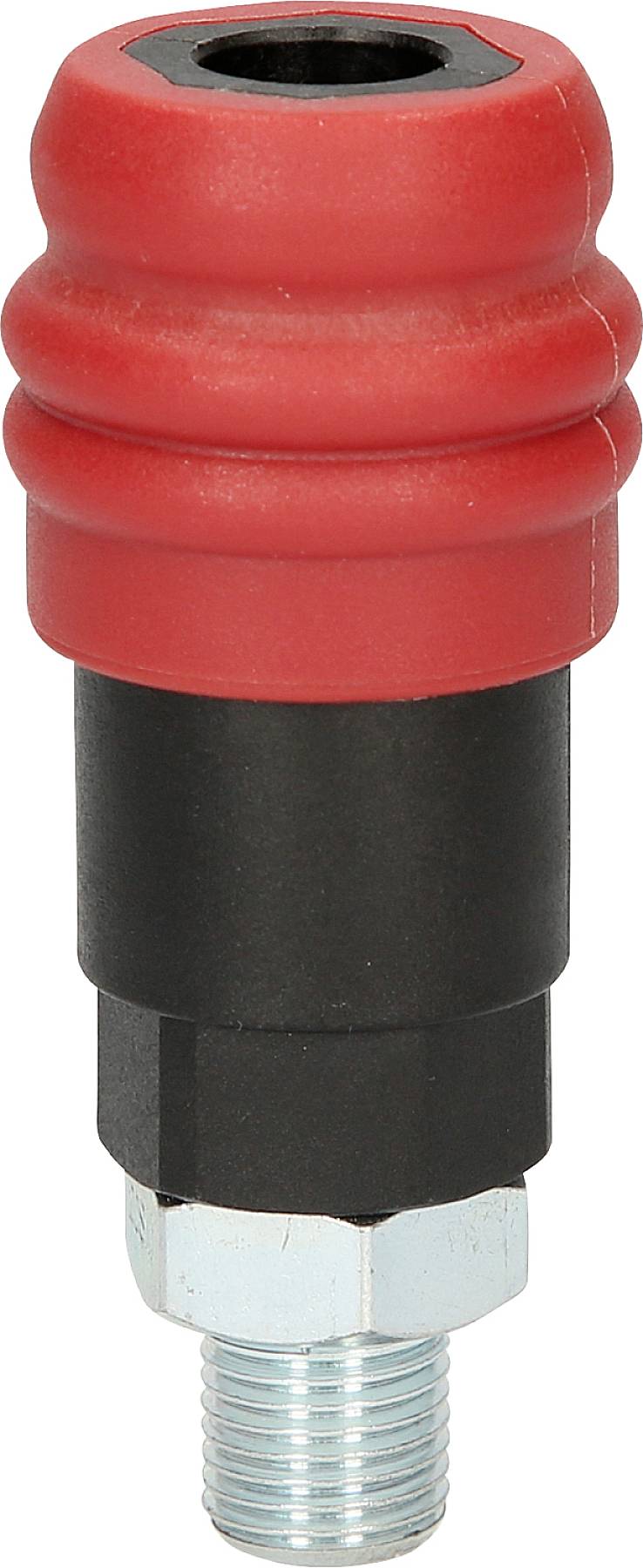 Een rood en zwart mechanisch onderdeel met metalen schroefdraad, mogelijk een schokdemper of dempingselement.