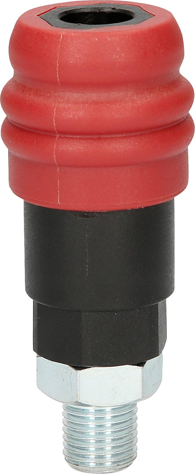 Een rood-zwart machinedeel met metalen schroefdraad, mogelijk een adapter of koppelstuk.