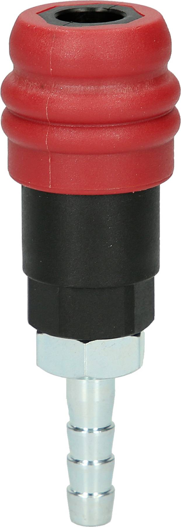 Een rode snelkoppelingsconnector met een zwart middendeel en een metalen onderste verbinding, gebruikt in persluchtsystemen.