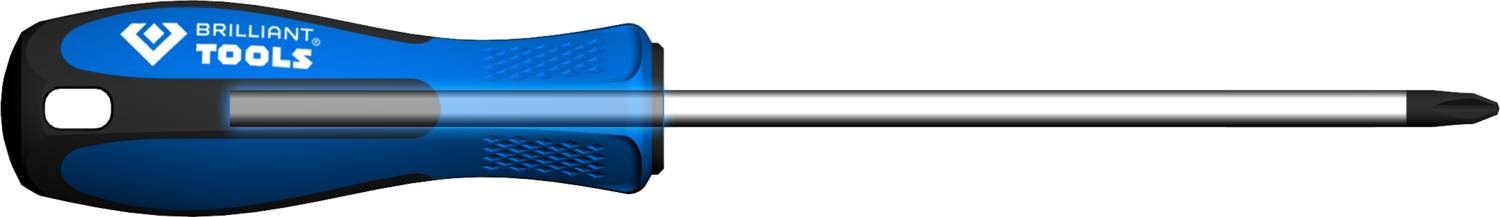 Een blauwe schroevendraaier met een zwarte handgreep en metalen punt, in een traditionele vorm, op een witte achtergrond.