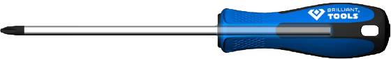 Een blauwe kruiskop schroevendraaier met een zwarte handgreep en de opdruk 'BRILLIANT TOOLS'.