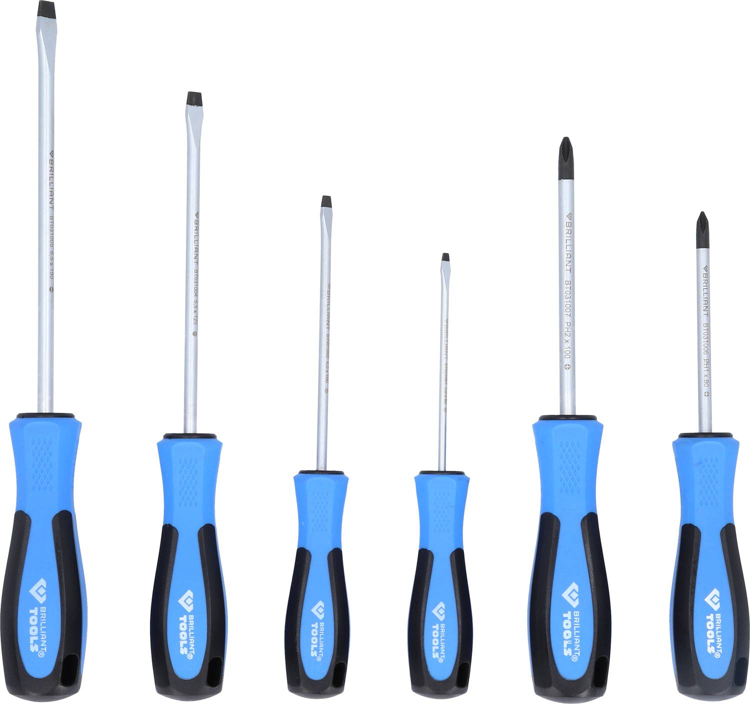 Zes schroevendraaiers met blauwe handgrepen, in verschillende groottes en met verschillende punten: platte en kruiskop.