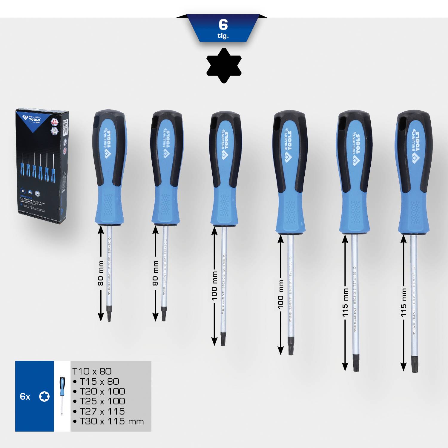 'Set van 6 Torx-schroevendraaiers in verschillende maten: T10 x 80 mm, T15 x 80 mm, T20 x 100 mm, T25 x 100 mm, T27 x 115 mm, T30 x 115 mm.'