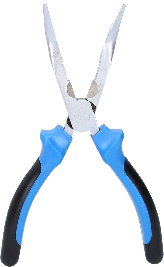 Tangen met blauwe handgrepen en smalle, taps toelopende bekken voor precisiewerk in ambachtelijke toepassingen.