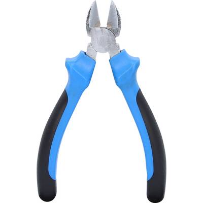 Op de afbeelding staat een zijkniptang met blauwe handgrepen, veelal gebruikt voor het bewerken en doorknippen van draden.
