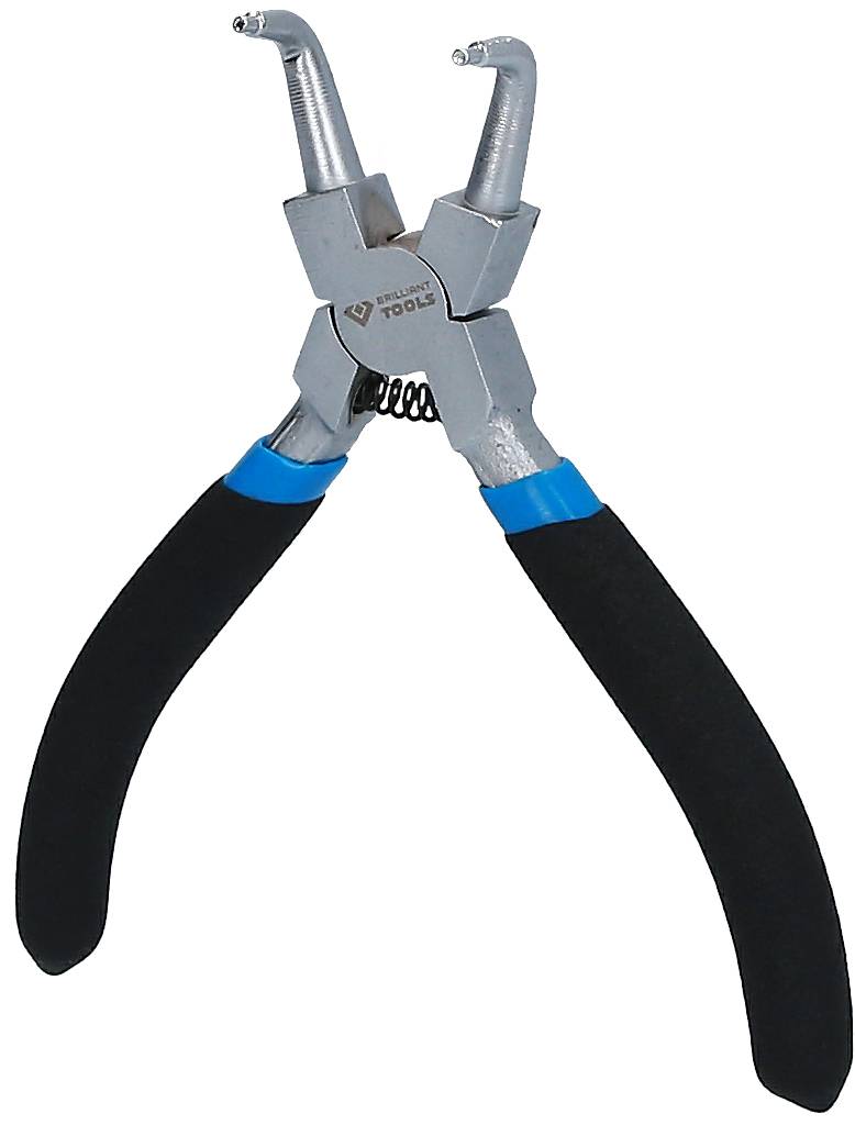 Een zilveren borgveertangetje met zwarte handgrepen, dat wordt gebruikt voor het verwijderen of plaatsen van borgveren in mechanische onderdelen.