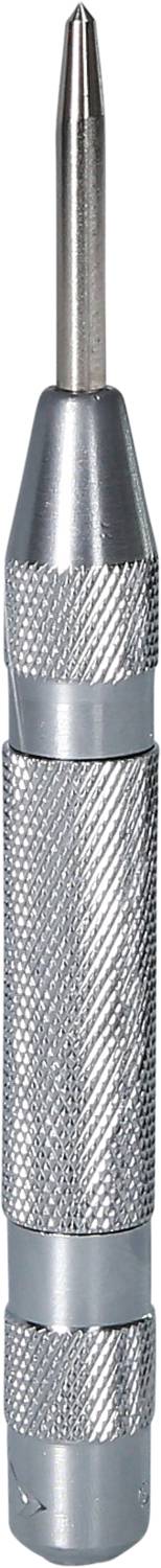 Zilveren, cilindrische punt met gegroefde oppervlakte en scherpe punt, gebruikt voor het aanbrengen van markeringen op metalen oppervlakken.