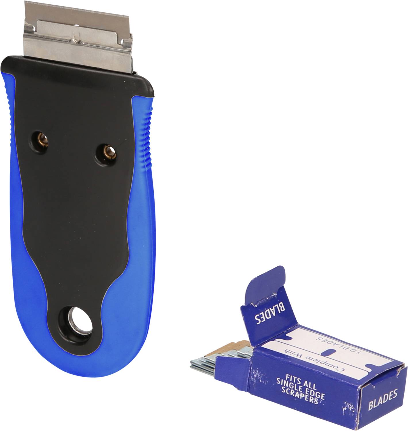 Handschaber met een blauw-zwarte handgreep naast een open doos met reservemesjes.