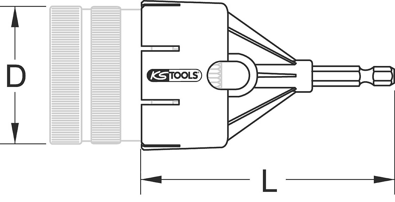 Afbeelding van een zeskant-bit-adapter, beschreven met 'KS Tools', toont de afmetingen D (hoogte) en L (lengte) als maatverwijzing.