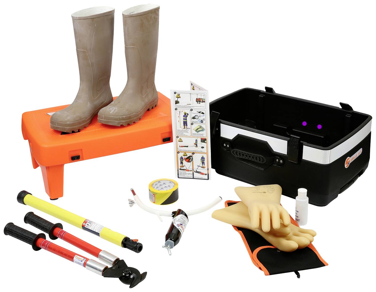 Gereedschapskist met handschoenen, veiligheidslaarzen en veiligheidsuitrusting. Bevat instructies en diverse uitrustingsstukken.
