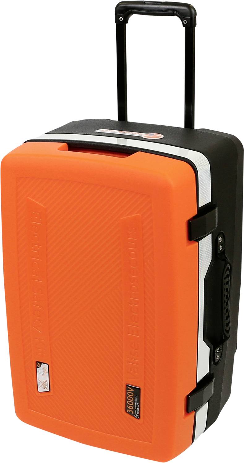Een oranje, robuuste gereedschapskoffer met zwarte handgreep en wielen. Hij heeft een uittrekbare handgreep, ideaal voor transport.