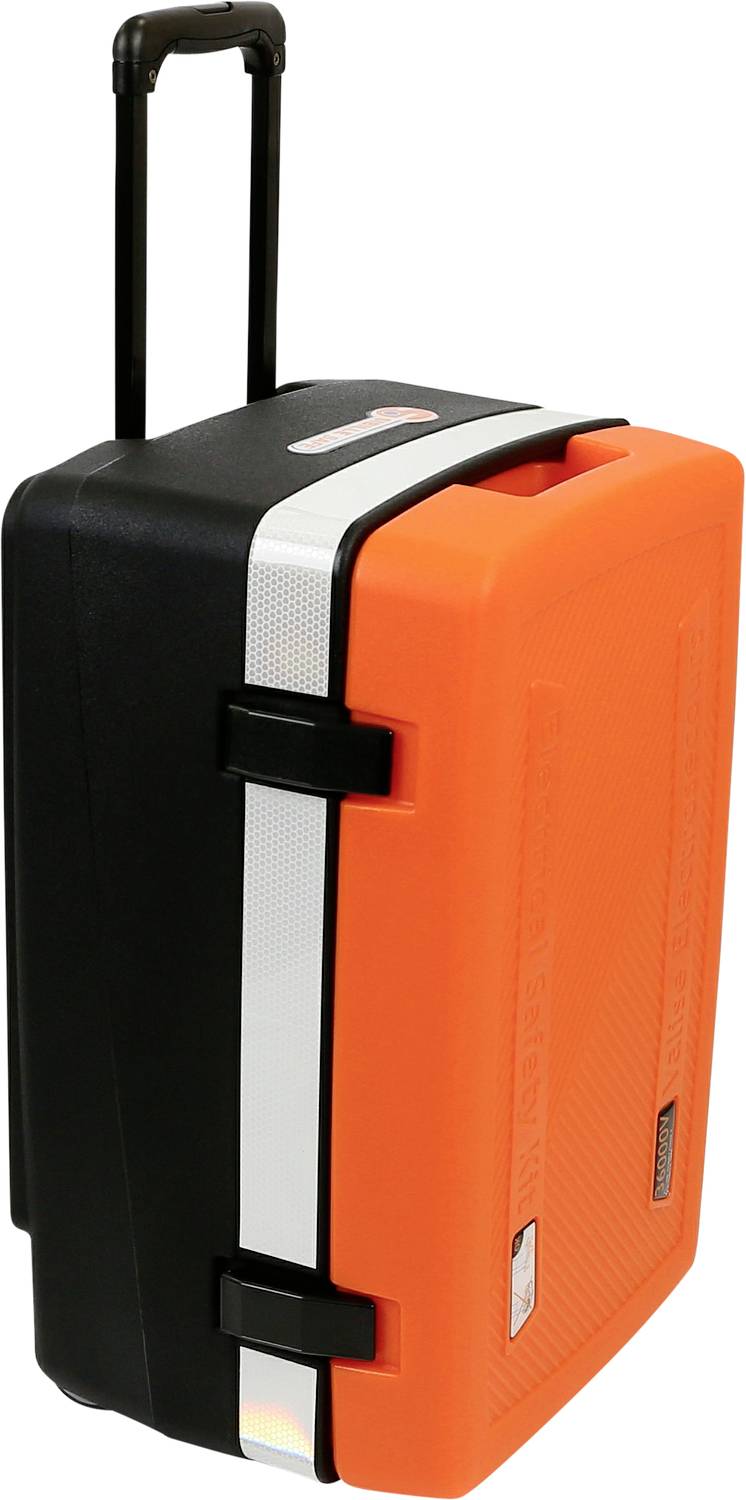 Een stabiele koffer met een zwarte en oranje oppervlakte, uitgerust met een uittrekbare handgreep en wielen voor gemakkelijk transport.