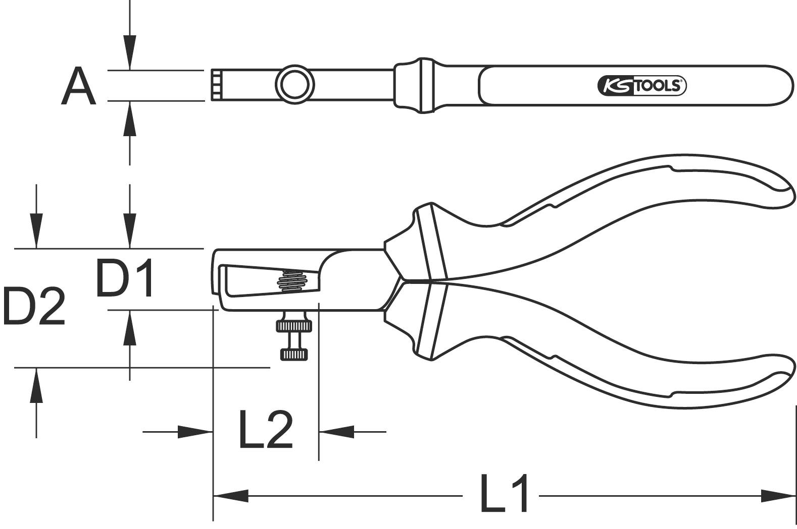 De afbeelding toont een schets van een tang met de volgende afmetingen: totale lengte L1, beklengte L2, bekdiameter D1 en greepdiameter D2.