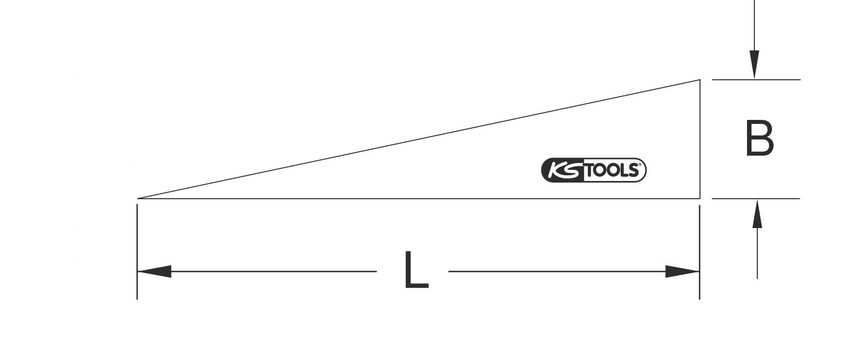 'Keil' geometrische weergave met zijdelengtes: Basis 'L', hoogte 'B', gemarkeerd met 'KS Tools' logo op het oppervlak.