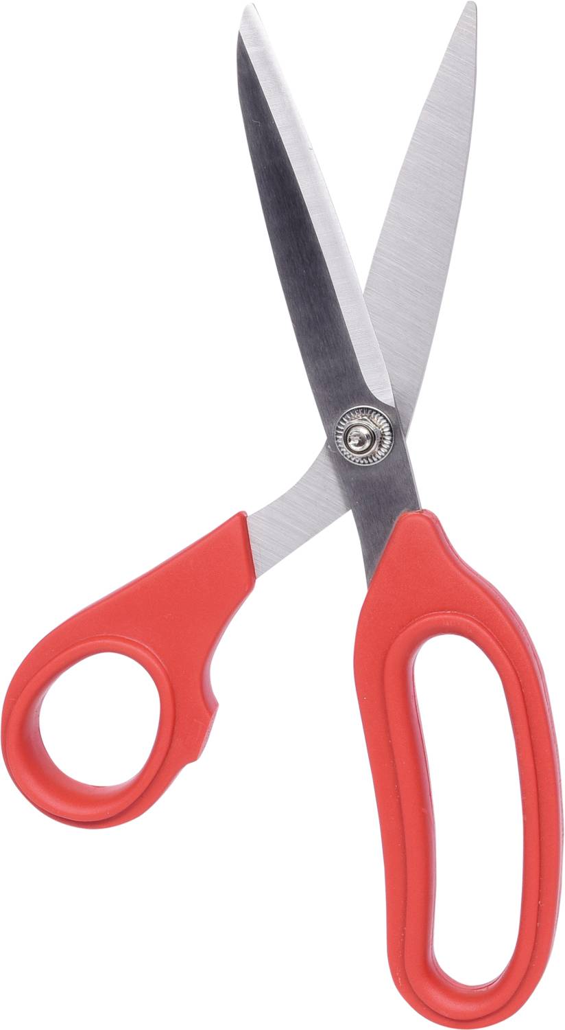 Een rode schaar met metalen messen, geopend en klaar om te knippen. Hij heeft twee handgrepen van verschillende grootte.