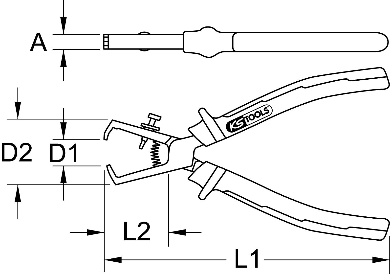 Een technische tekening toont een speciale tang van KS Tools met de aanduidingen A, D2, D1, L2 en L1.