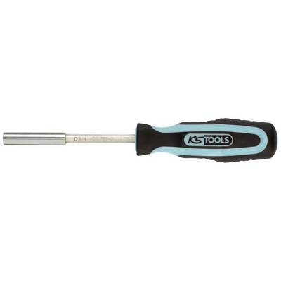 Een schroevendraaier met een zachte, ergonomische greep en een metalen schacht. De greep is zwart met turquoise accenten.