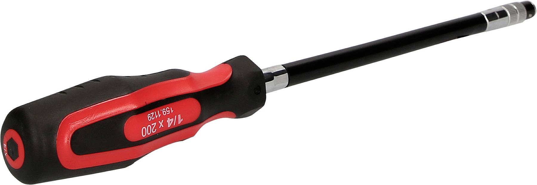 Schroevendraaier met rode en zwarte handgreep, lange steel en magnetische punt, geschikt voor montage of reparatie.