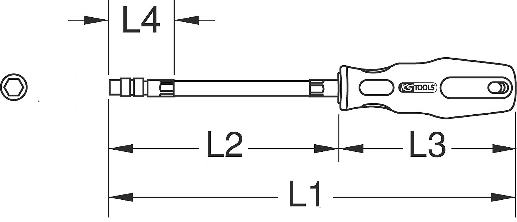 Afbeelding van een schroevendraaier met afmetingen L1, L2, L3 en L4. Zeskante punt links. Gereedschap van KS Tools.
