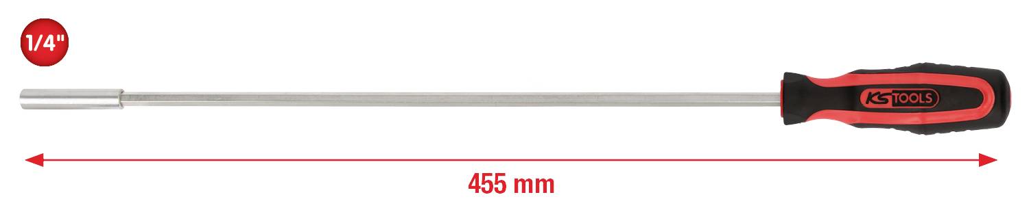 Schroevendraaier met een 455 mm lange, dunne steel, 1/4 inch zeskantaansluiting en ergonomische handgreep, rood-zwart.