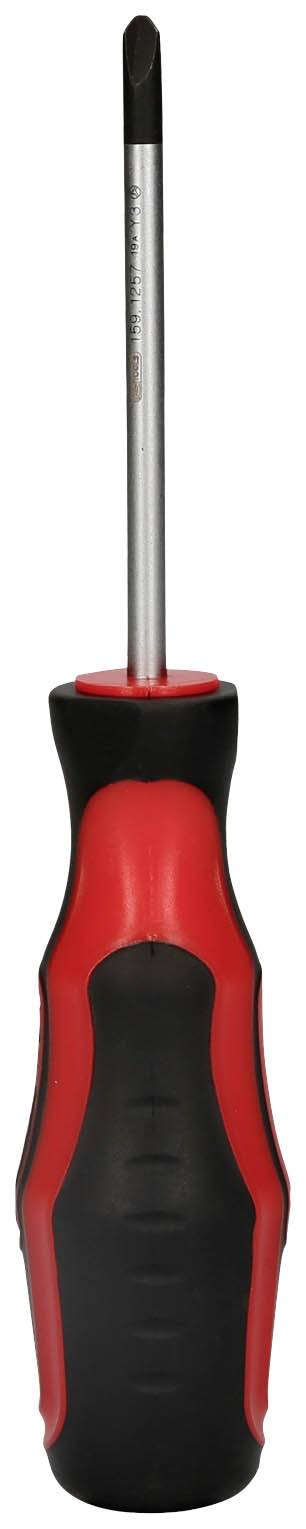 Een rode en zwarte schroevendraaier met ergonomische handgreep, geschikt voor het vastdraaien en losdraaien van schroeven.