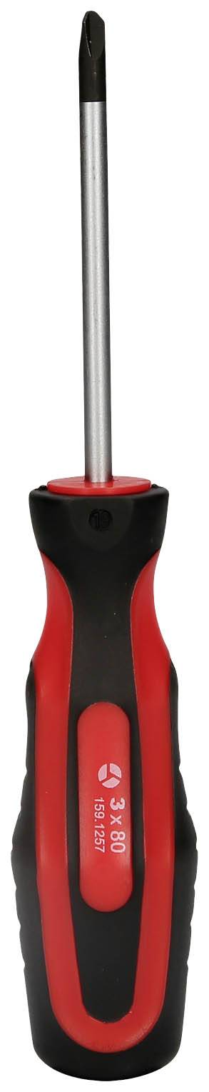 Schroevendraaier met rode en zwarte handgreep, kruiskop, robuust ontwerp. Geschikt voor algemene doe-het-zelf klussen.