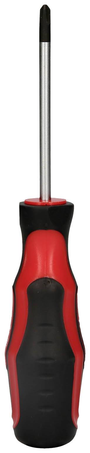 Een zwarte en rode kruiskop-schroevendraaier met ergonomische handgreep.