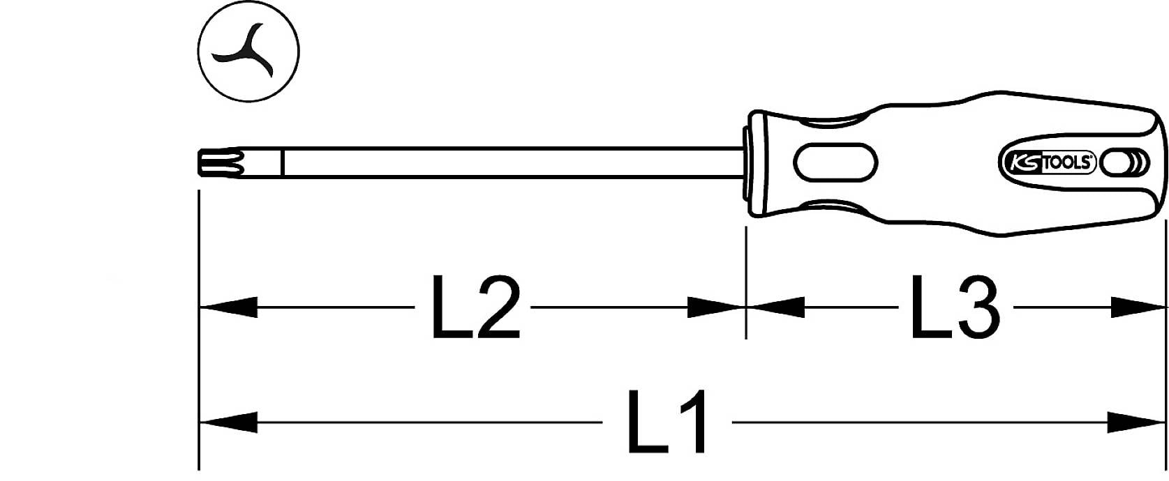 Schroevendraaier met T-profiel, afmetingen L1, L2 en L3 aangegeven. Markering van 'KS Tools' op de handgreep.