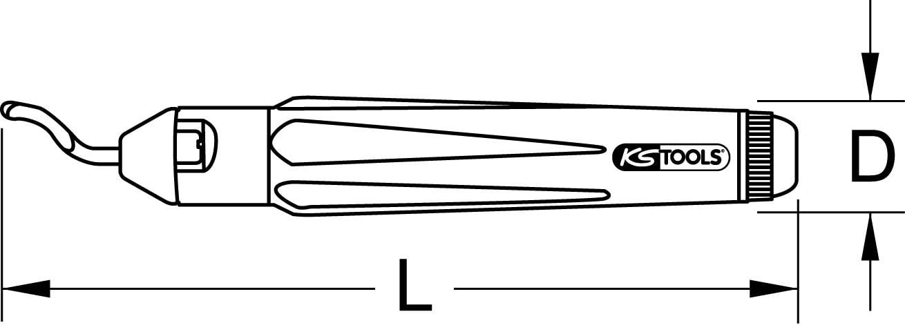 'Tekening van een KS Tools ontbramingsgereedschap met afmetingen: Lengte (L) en diameter (D) zijn aangegeven.'