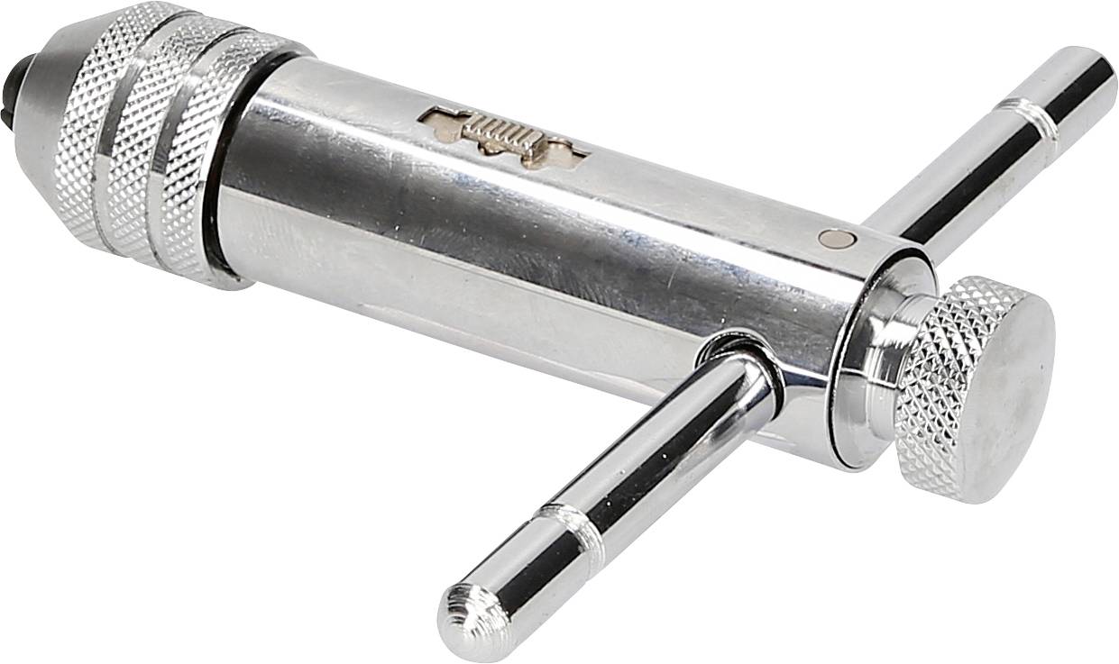 Zilveren T-bar handgereedschap met geribde handgrepen en mechanisch deel in het midden, gefotografeerd op een witte achtergrond.