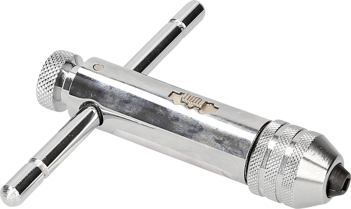 Een zilveren, metalen boormachineschacht met een T-vormige handgreep. Wordt gebruikt voor handmatig aansluiten van boren of draadsnijders.