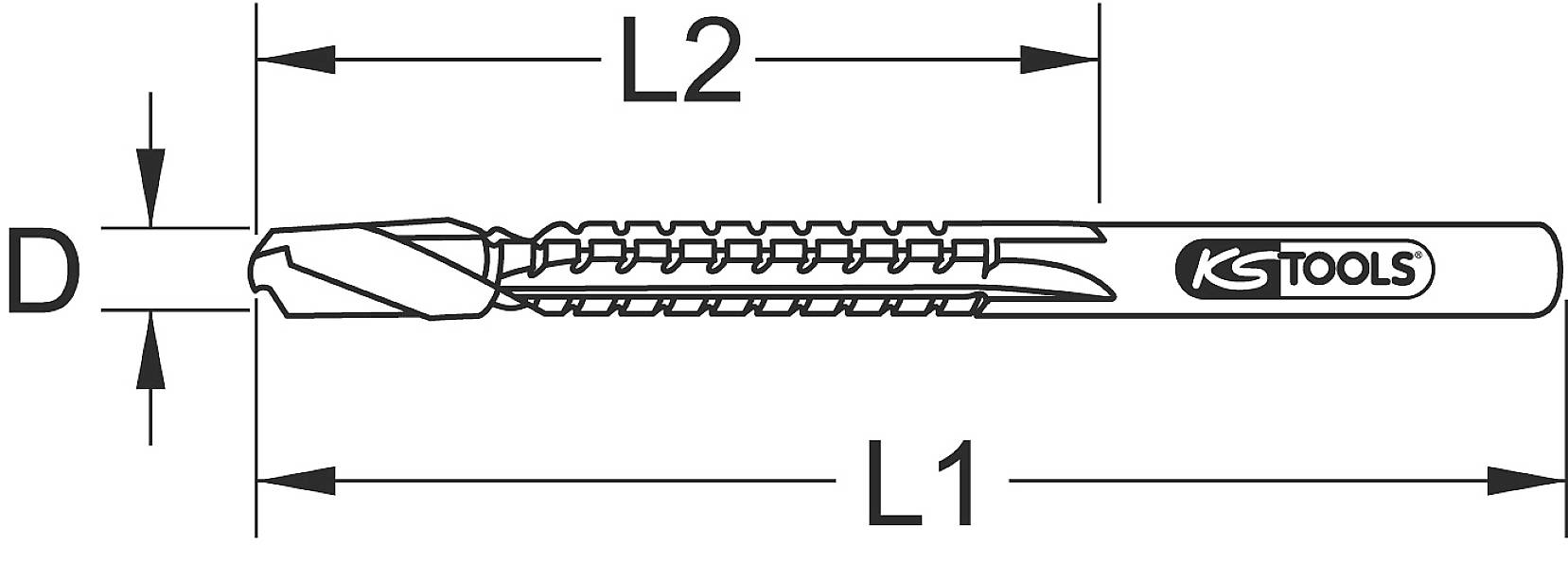 Boren met markeringen: L1, L2 en D ter aanduiding van lengte en diameter. Rechts naast de boor staat 'KS Tools'.