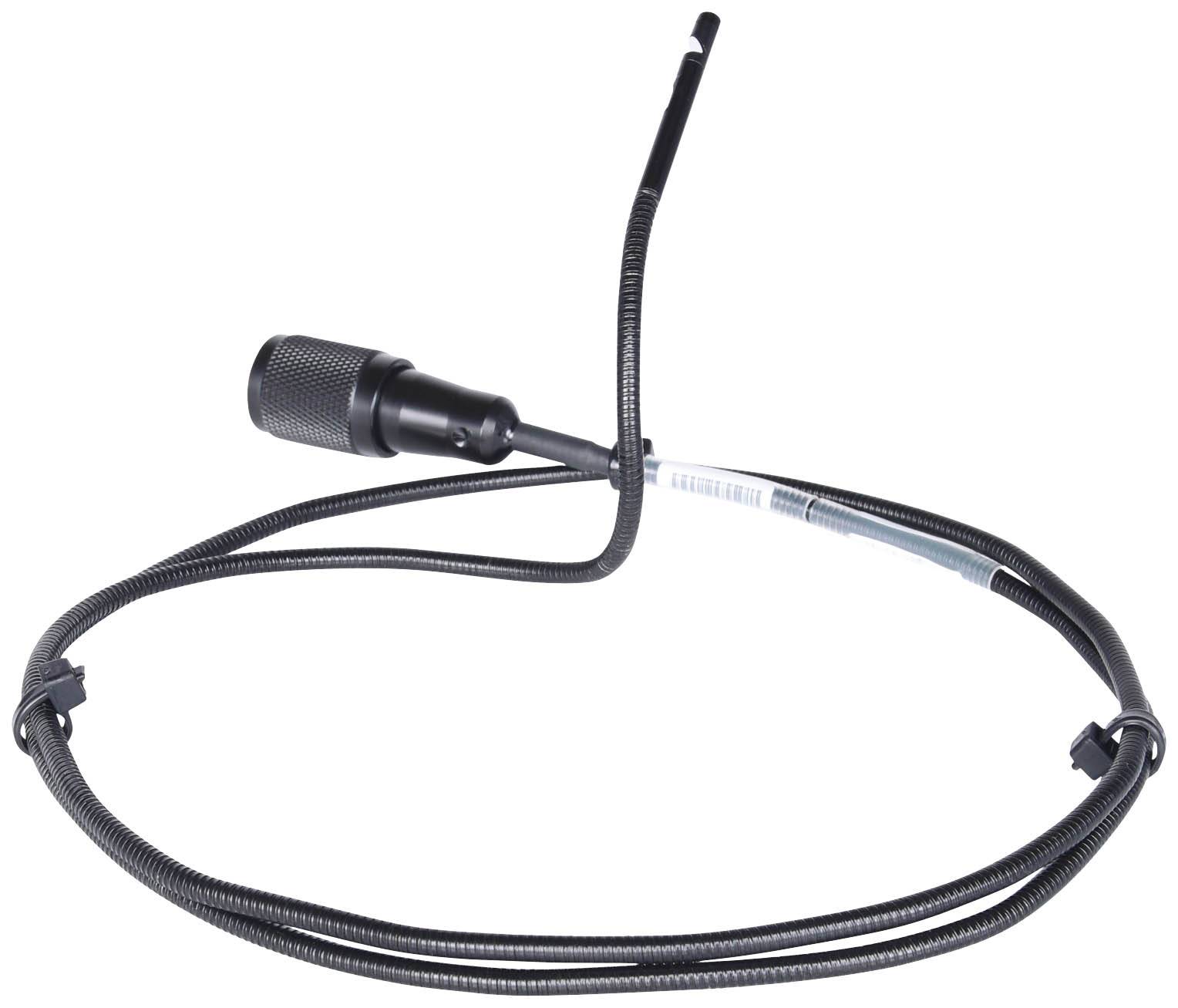 Een zwarte microfoon met een flexibele zwanenhals, bevestigd aan een ring, die vaak wordt gebruikt voor blaasinstrumenten.