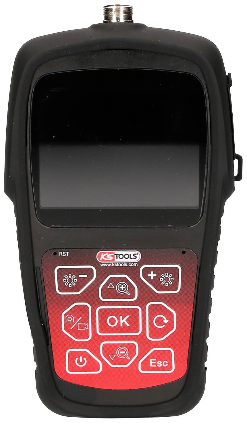 Een elektronisch apparaat met een rood bedieningspaneel en scherm. Bevat knoppen voor instellingen, OK en Esc. Van KS Tools.