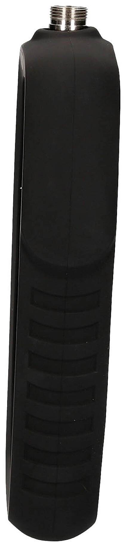 Een zwart cilindrisch object met een geribde oppervlakte en een metalen schroefdraad aan de bovenkant.