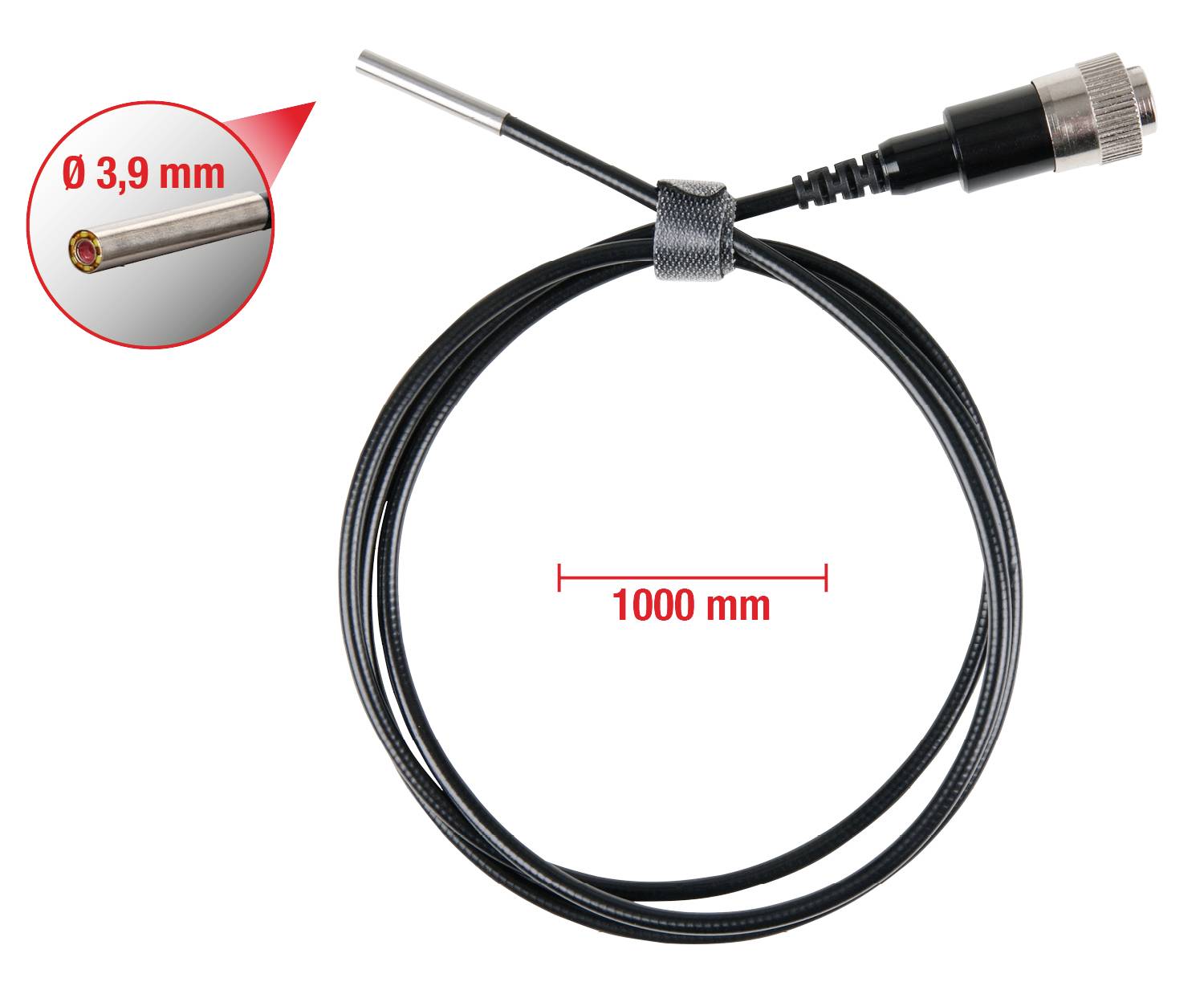 Kabelsondes 3,9 mm diameter, lengte 1000 mm. Toont metalen sonde met kunststof mantel en verbindingsstekker.
