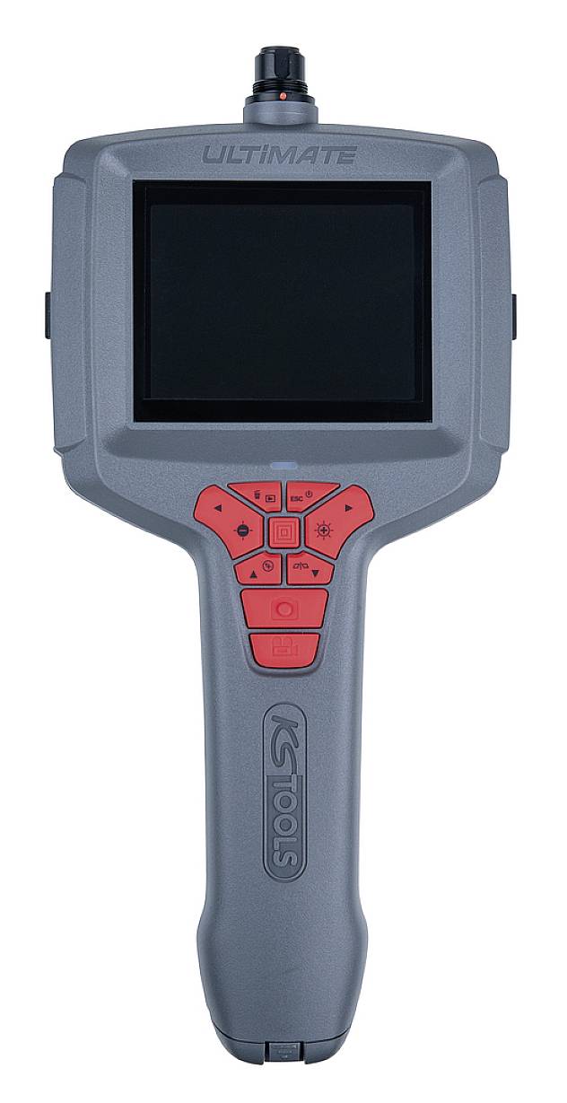Een draagbaar diagnoseapparaat met een groot display en rode bedieningsknoppen. Wordt gebruikt voor voertuigdiagnose en/of foutanalyse.