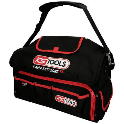 Een zwarte gereedschapstas met rode accenten en de opdruk 'KS Tools Smartbag XL'. Hij heeft meerdere vakken en een draagband.