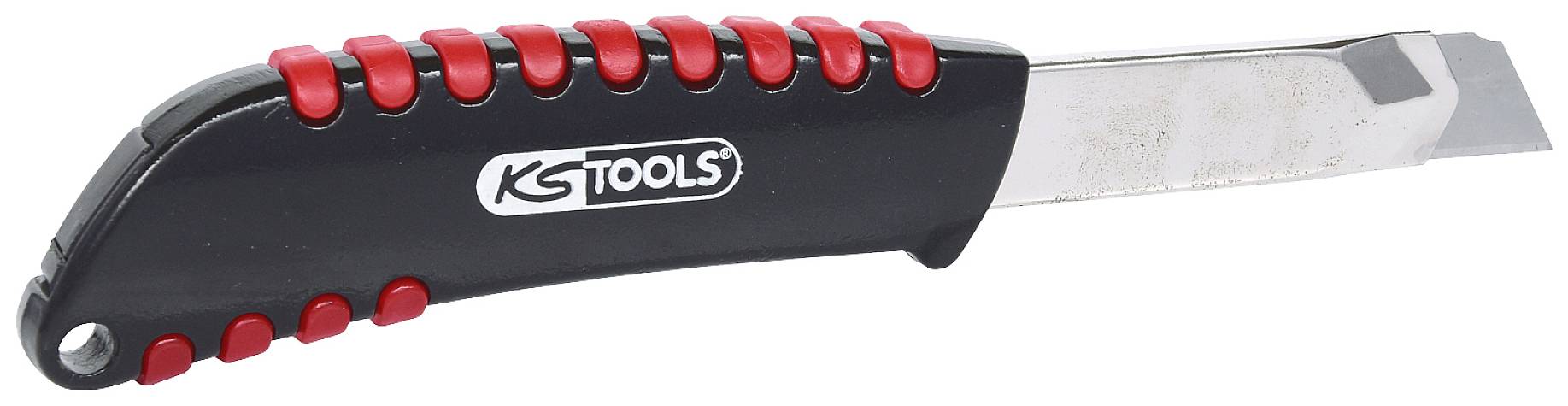 Een cuttermes met een zwarte handgreep en rode accenten, logo 'KS Tools'. Snijblad ligt open naar rechts.