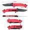Meerdere weergaven van een rood-zwart vouwmes met technische details: totale lengte 210 mm, handgreep 85 mm.