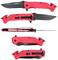 Rood opvouwbaar mes met zwart lemmet in verschillende perspectieven. Opvallend design met getande rand en riemclip.