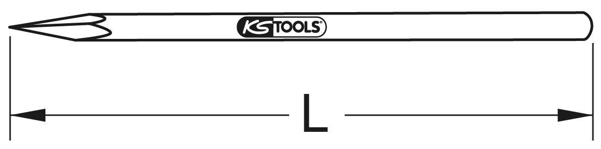 Tekening van een spijlendrijver met het 'KS Tools' logo in het midden. De spijlendrijver is gemarkeerd met 'L', mogelijk verwijzend naar lengte.