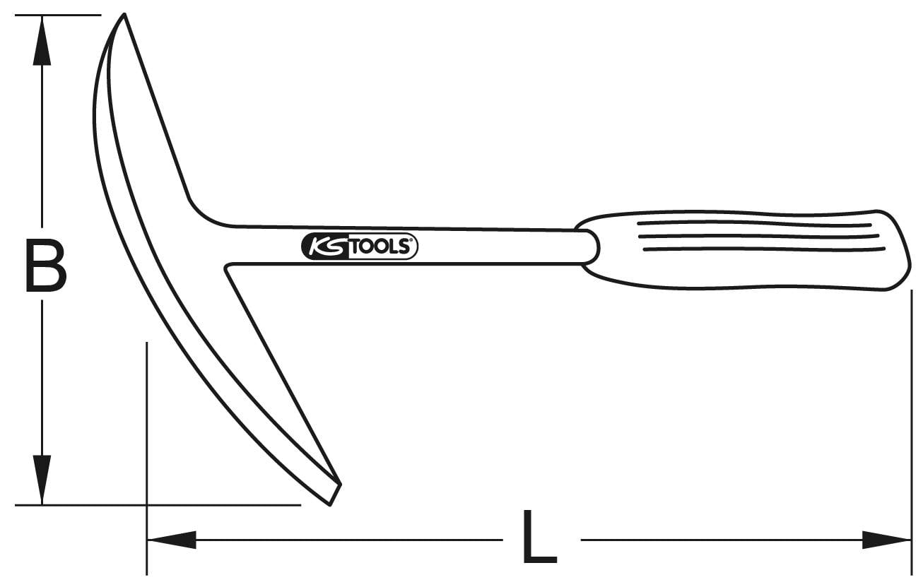 Tekening van een T-hamer met handgreep en kop. Maten 'B' en 'L' markeren hoogte en lengte. Het KS Tools logo is zichtbaar op de steel.