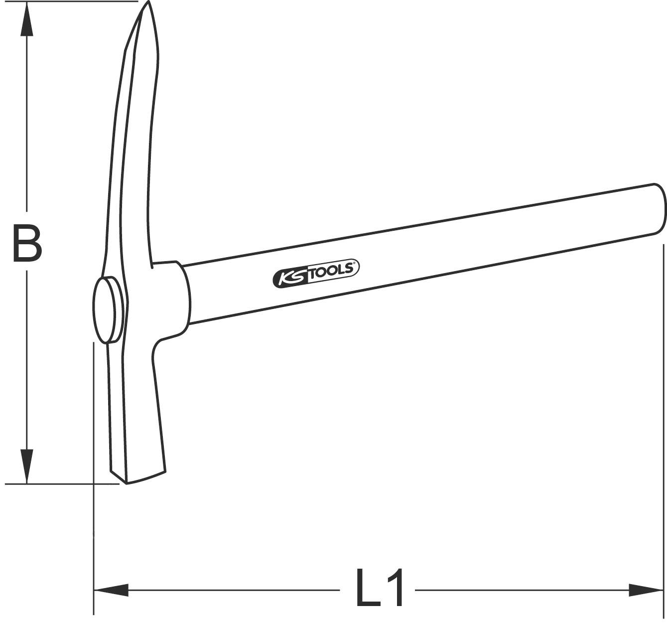 Tekening van een puntbeitel met de opdruk 'KS Tools'. De afmetingen zijn gemarkeerd met 'B' voor de hoogte en 'L1' voor de lengte.